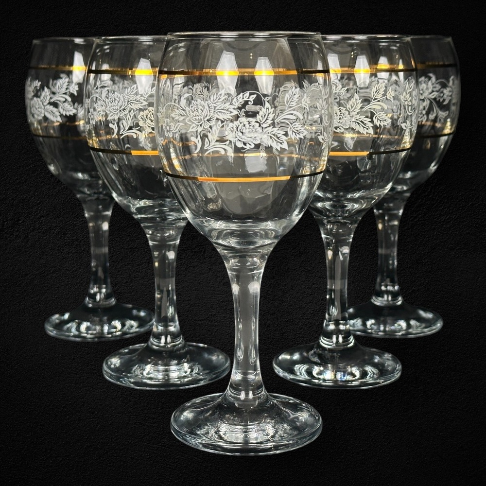Pasabahce Floral Gold Banded Wine Glasses Set of‎ 5 Turkey Art Glass Vintage